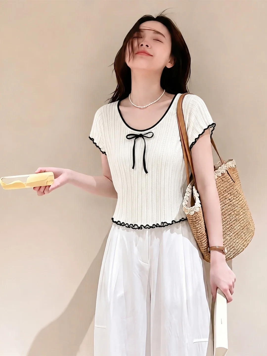 Summer Sweet Color Block Lace Short Sleeve Knitted Ice Silk Top Lightweight Soft Women's Fashion Straight Cut Knitwear