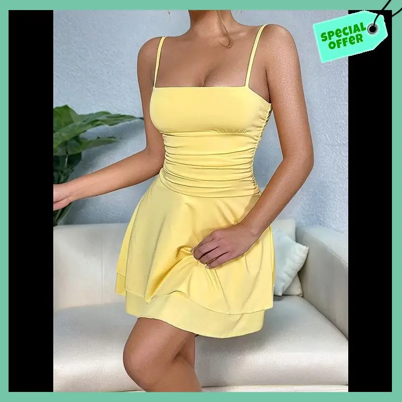 

Sturdy Party Solid Color Spaghetti Strap Dress For Summer