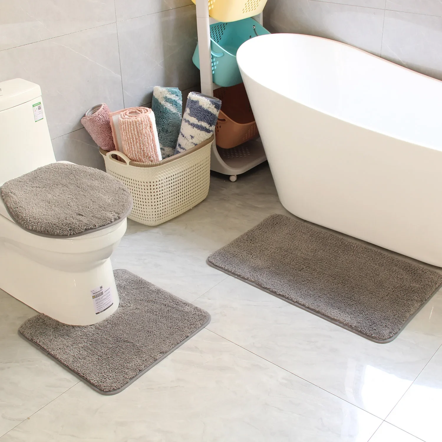 

two-piece bathroom non-slip mat U-shaped set flocked absorbent foot mat for toilet and shower