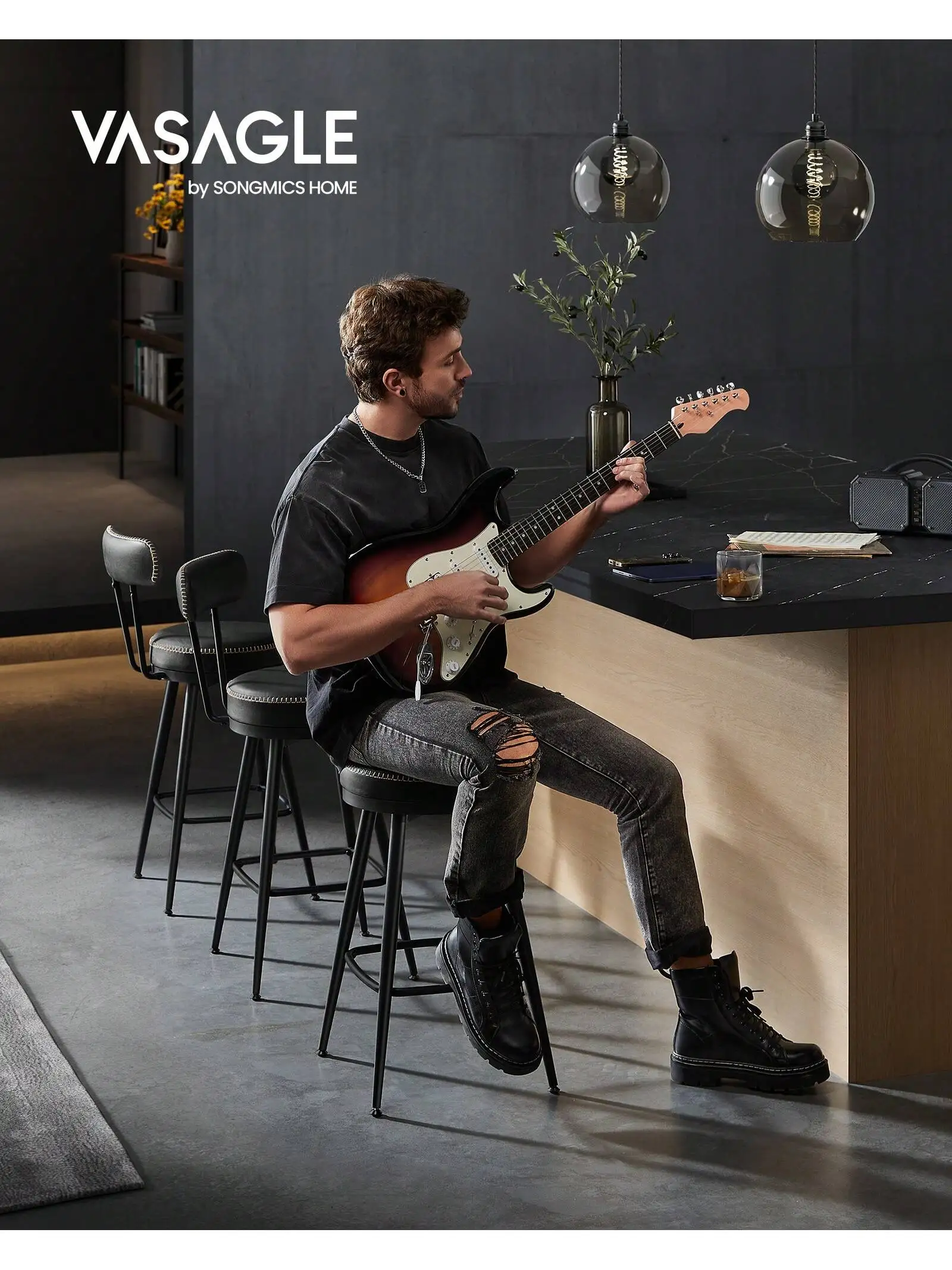 VASAGLE EKHO Collection - Set di 2 sgabelli da Bar, sedie da Bar girevoli con schienale, ecopelle con cuciture, altezza 65 cm