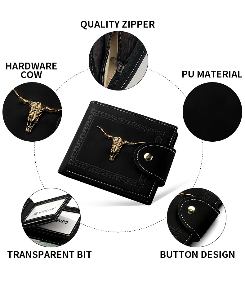 Neue Herren-Geldbörse, kurz, multifunktional, mit mehreren Kartenfächern, Metall-Bull-Label, Luxus-Geldbörse, Reißverschluss, Designer, kleine, schlanke Geldbörse – Detail 5