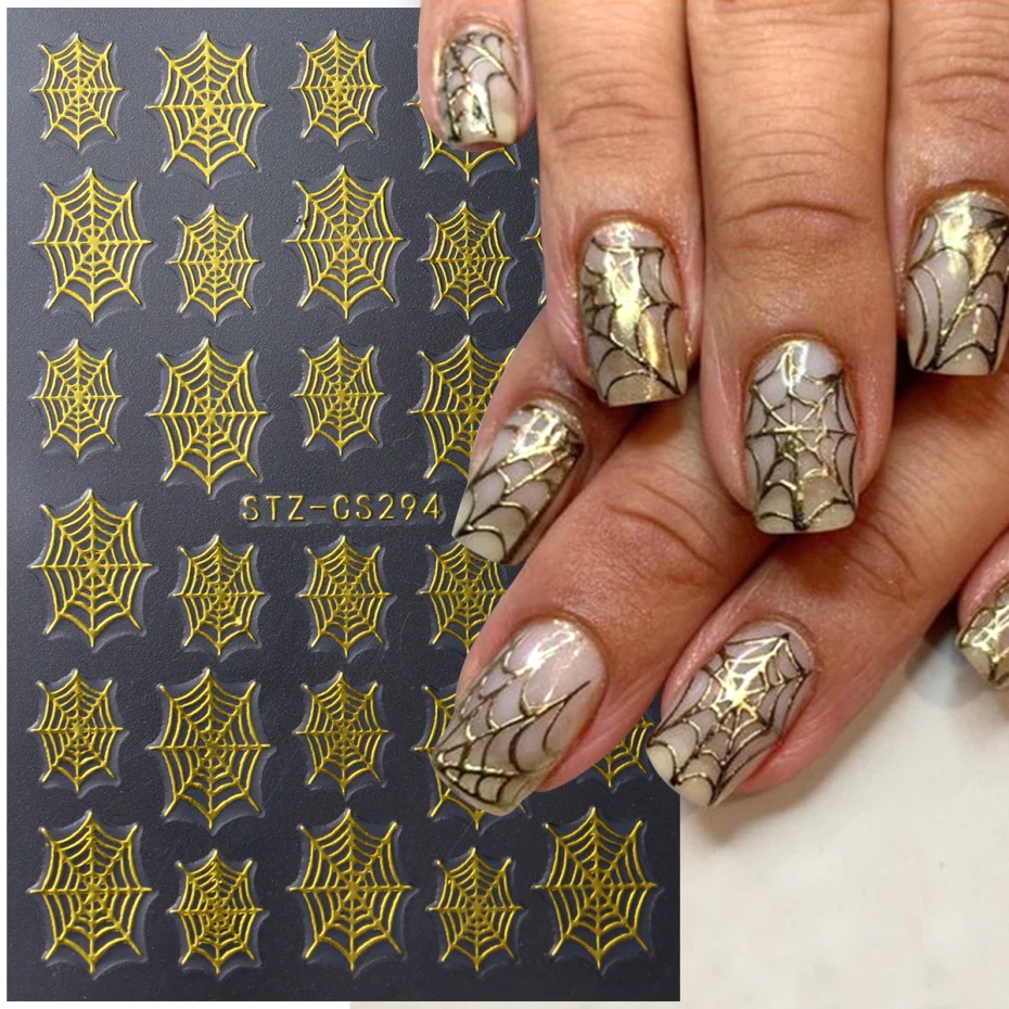 Y2K Sparkly Silver Spider Web adesivi per unghie oro Chrome ragnatela decalcomanie per unghie simpatici disegni di Halloween Manicure con cursore adesivo