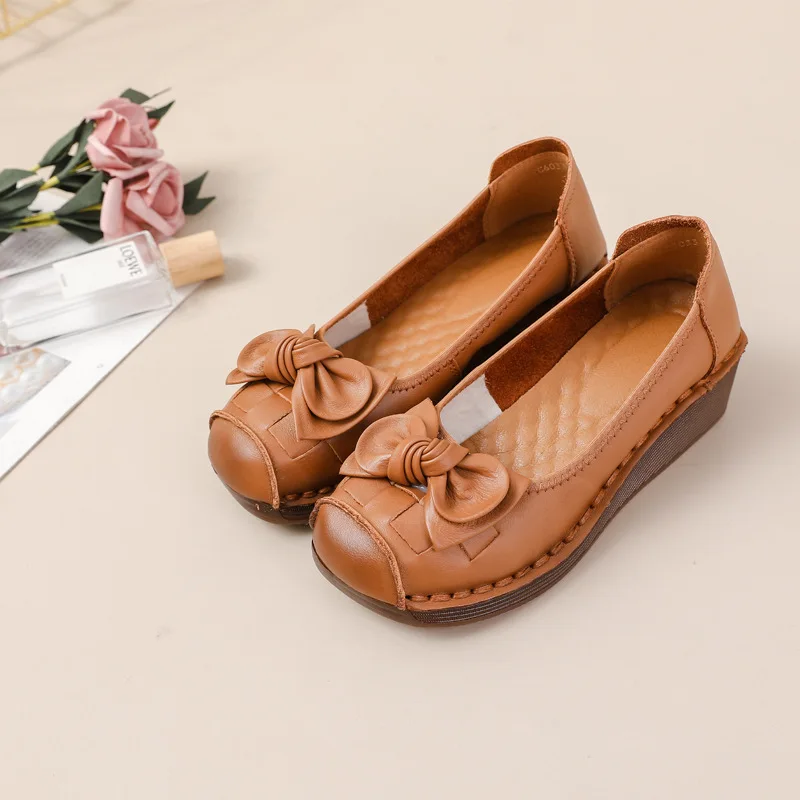 

Retro loafers real leather shoes woman bowknot luxury ballet flats ladies designer low vamp shoes women's moccasins wedge flats