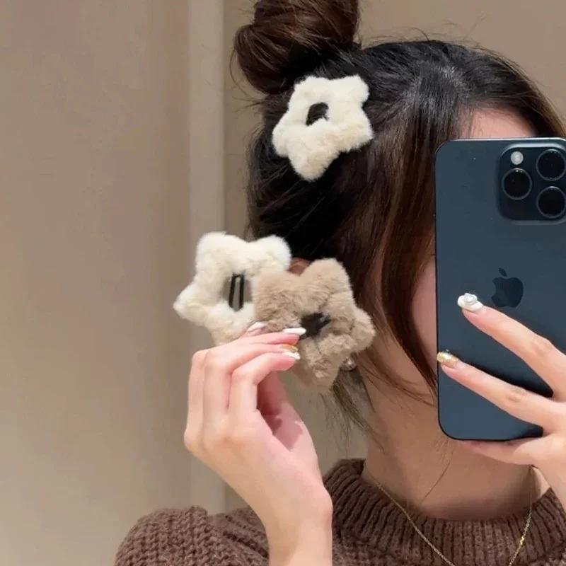 1/6pcs Y2K Girls Sweet Fluffy Star Hairpins Children Kids Faux Fur Bobby Pin Solid Color Pentagram Hair Clip Cute Side Hair Grip