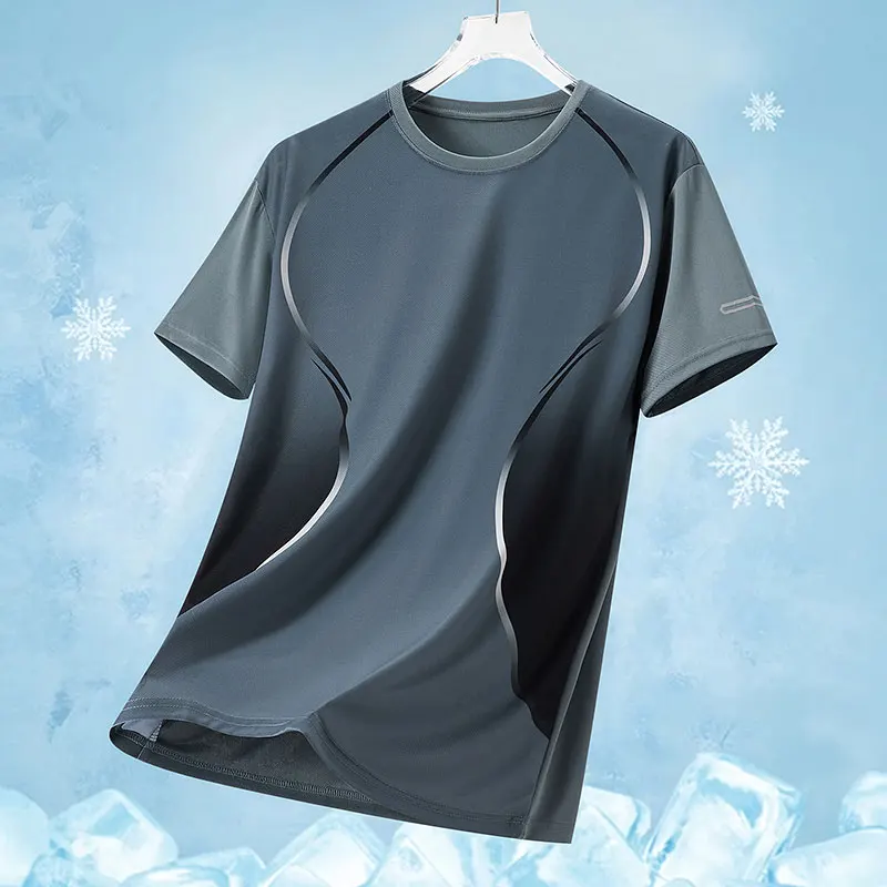 Men Running T-shirt Outdoor Elasticity Contrasting Fitness Sports Track Top Summer Breathable Sweat Jogging Gym Light Sportswear
