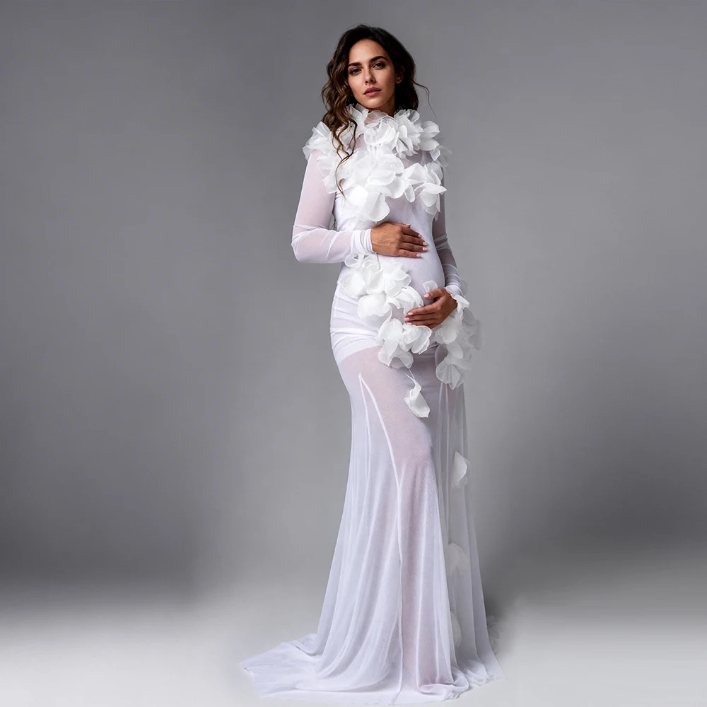 Maternity Photoshoot Dress Elegant White 3D Floral Sheer Long Sleeve Pregnancy Photography Clothes Wedding Dresses YW2603155D