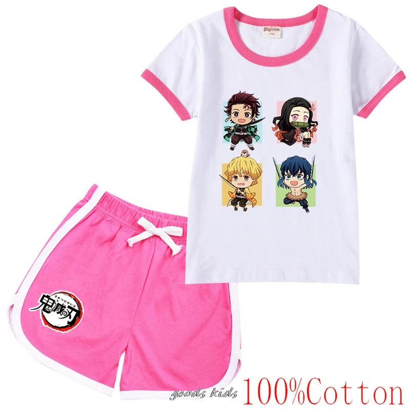 Hot Demon Slayer Two piece Children Summer Cotton T-shirt Set, Suitable For Boys And Girls Aged 2-16, Casual T-shirt Shorts Sets