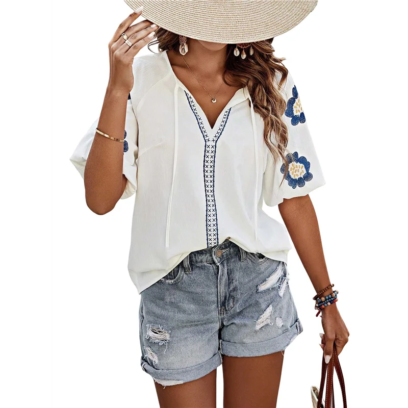 

ABRT-Women's Summer Tops Floral Embroidered Puff Short Sleeve Shirts V Neck Boho Tunic Casual Blouse