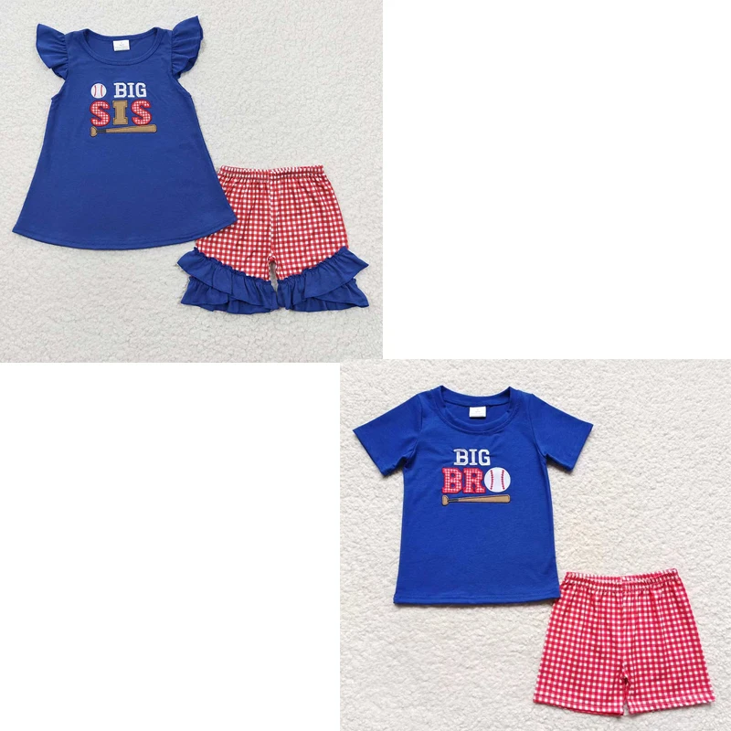 

Wholesale Game Ball Embroidery Baseball Summer Set Baby Boy Girl Cotton Top Shirt Kids Plaid Shorts Children Matching New Outfit