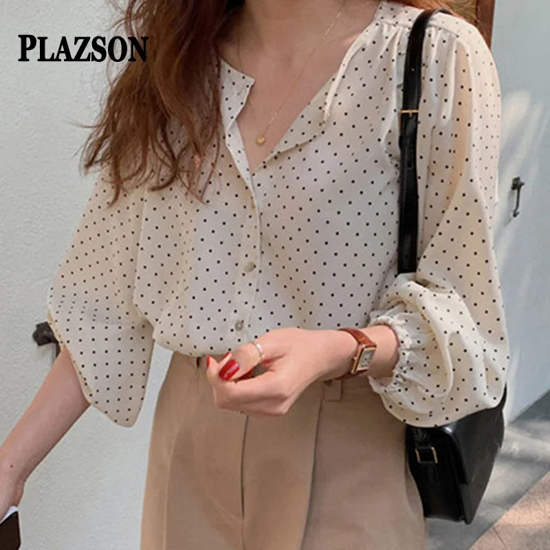 PLAZSON Summer Women\'s Shirt Dot Print Elegant Blouses Long Sleeve Casual Oversize Tops Korean Style Female Shirt 2023 셔츠 & 블라우스