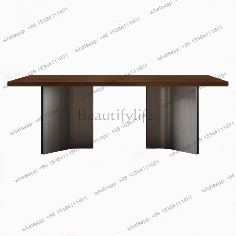 Retro solid wood medium and ancient style thickened walnut dining table large apartment stainless steel rectangular dining table