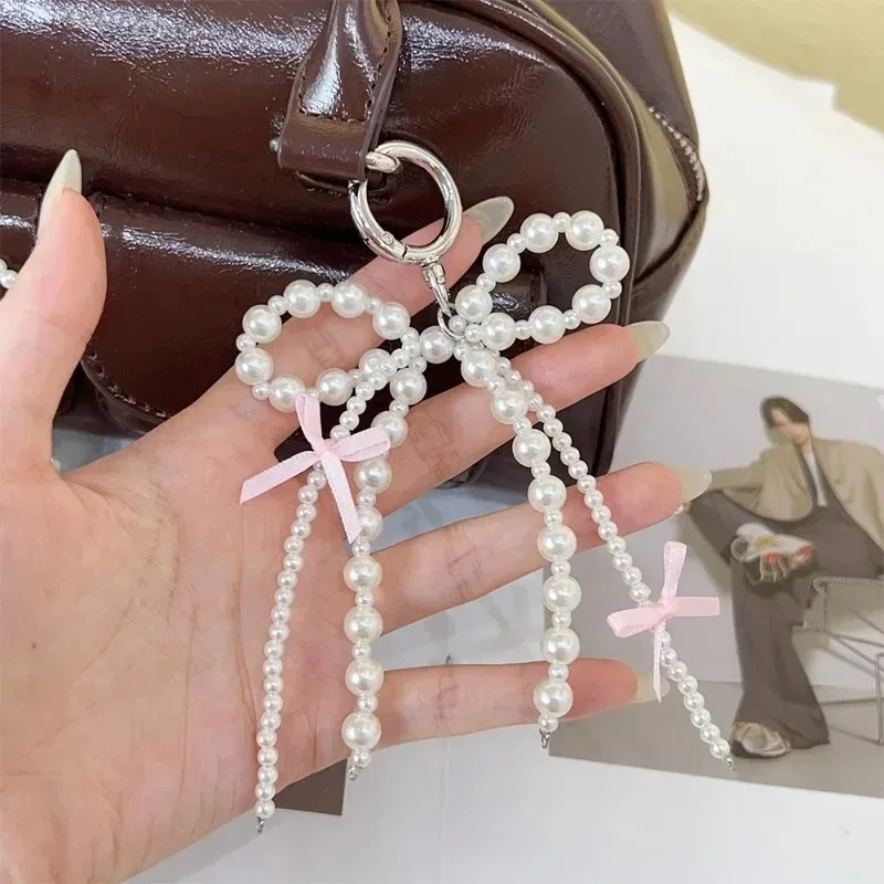 Y2k Pearl Bow Keychain Women Pearl Tassels Pink Ribbon Bow Sweet Cool Key Chains Fashion Metal Purse Key Ring Phone Accessories — zdjęcie 5