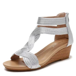 Summer Sandals Women Wedges Shoes Female Soft Leather PU Strap Zipper Open Cover Heel Design Ladies Shoes Large Plus Size