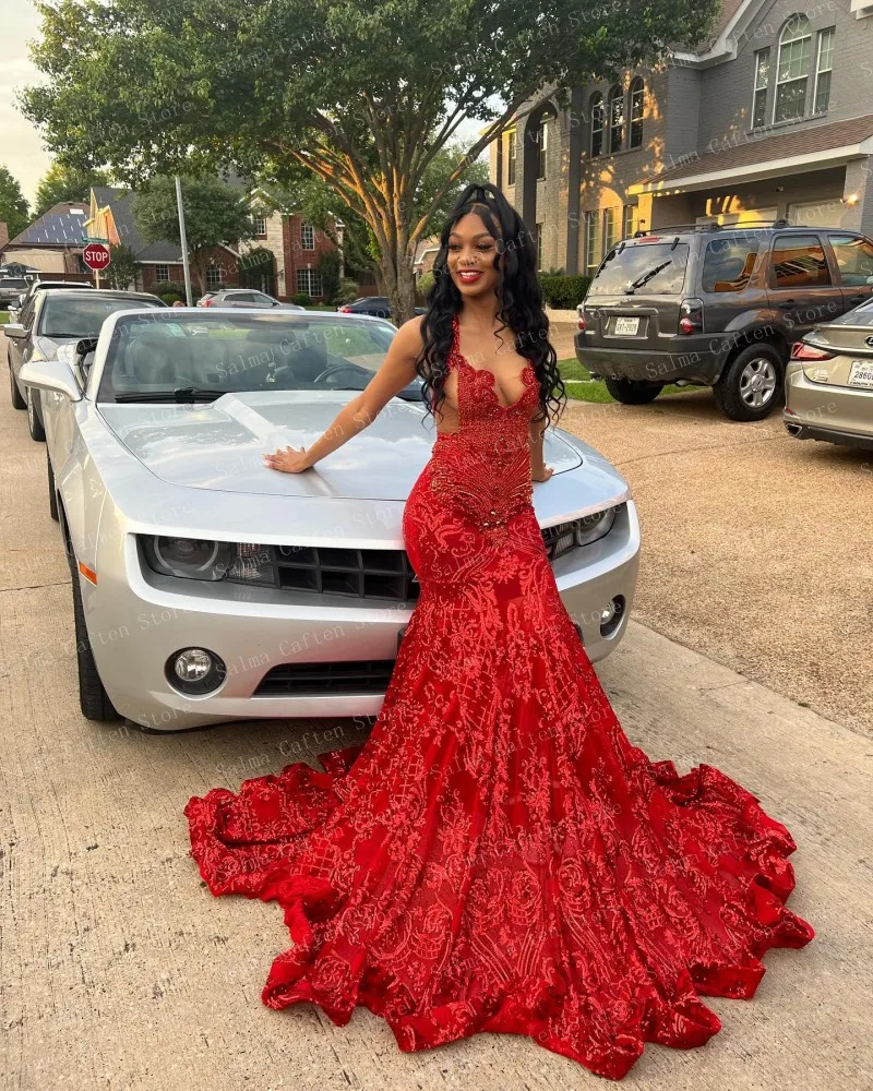 High End Red Wedding Dress Appliques Crystals Beaded Mermaid Dresses Ruffled Long Sweep Train Custom Made Prom Gown Luxury Gown