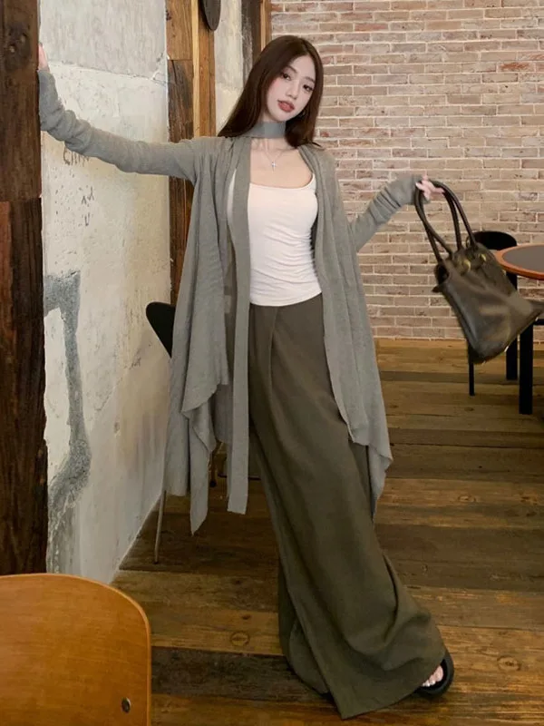 

Fashionable Knitted Open Cardigan Women's Sexy Vest High Waist Wide Leg Long Pants Three Piece Set Trendy White Autumn Wear