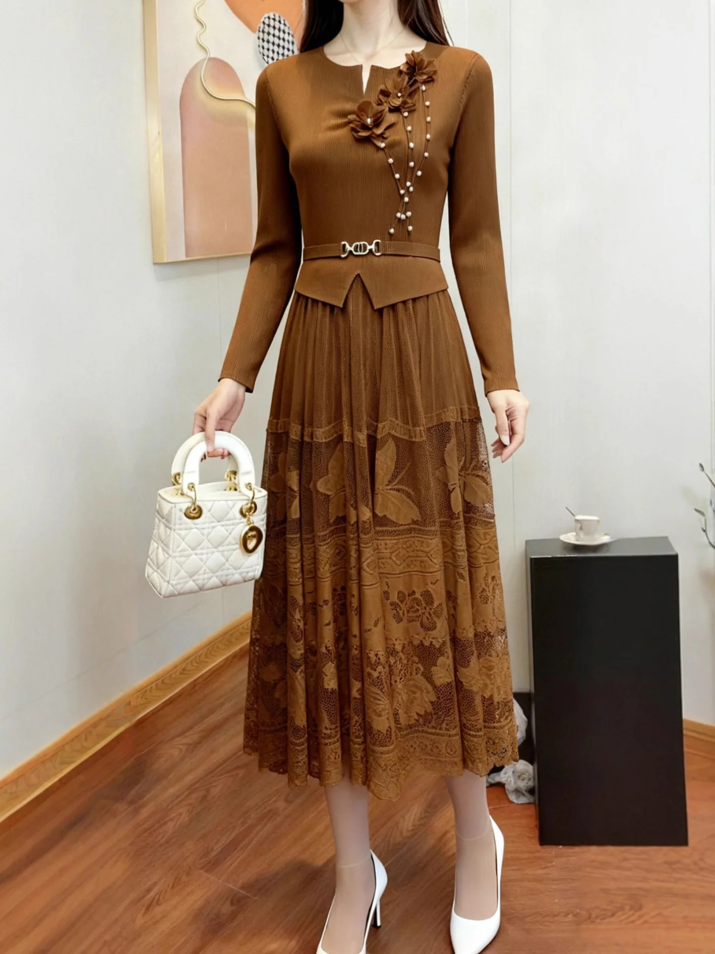 Miyake Pleated Dresses Pleats 2025 Fall New Plus Size Plisse Dress Beaded Waist Thin Lace Splicing Pressed Wrinkled Long Skirt