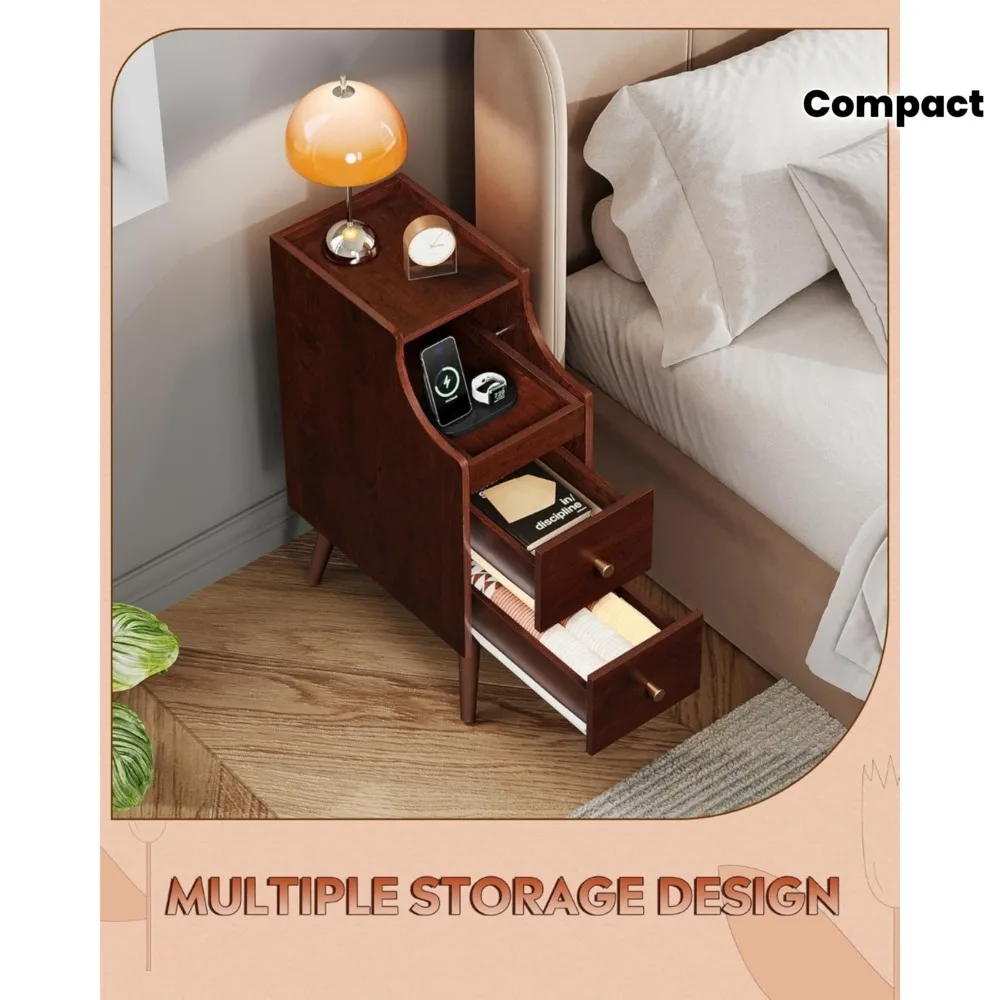 

Small Modern Narrow Nightstand with Drawers & Open Shelf - Space-Saving Bedside Table Suitable for Bedroom/Living Room, Frame & MDF Cabinet, Cable Management Hole, Assembly Required for Compact Storage in Small Spaces ()