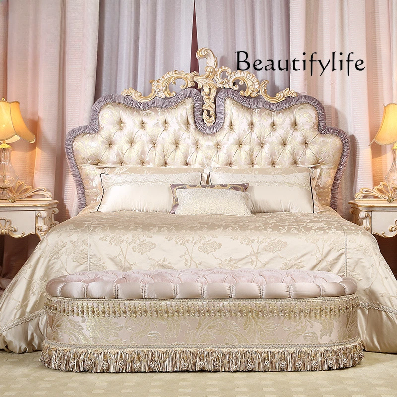 

European Cream Wind Court Villa Solid Wood Hand Carved Double Bed