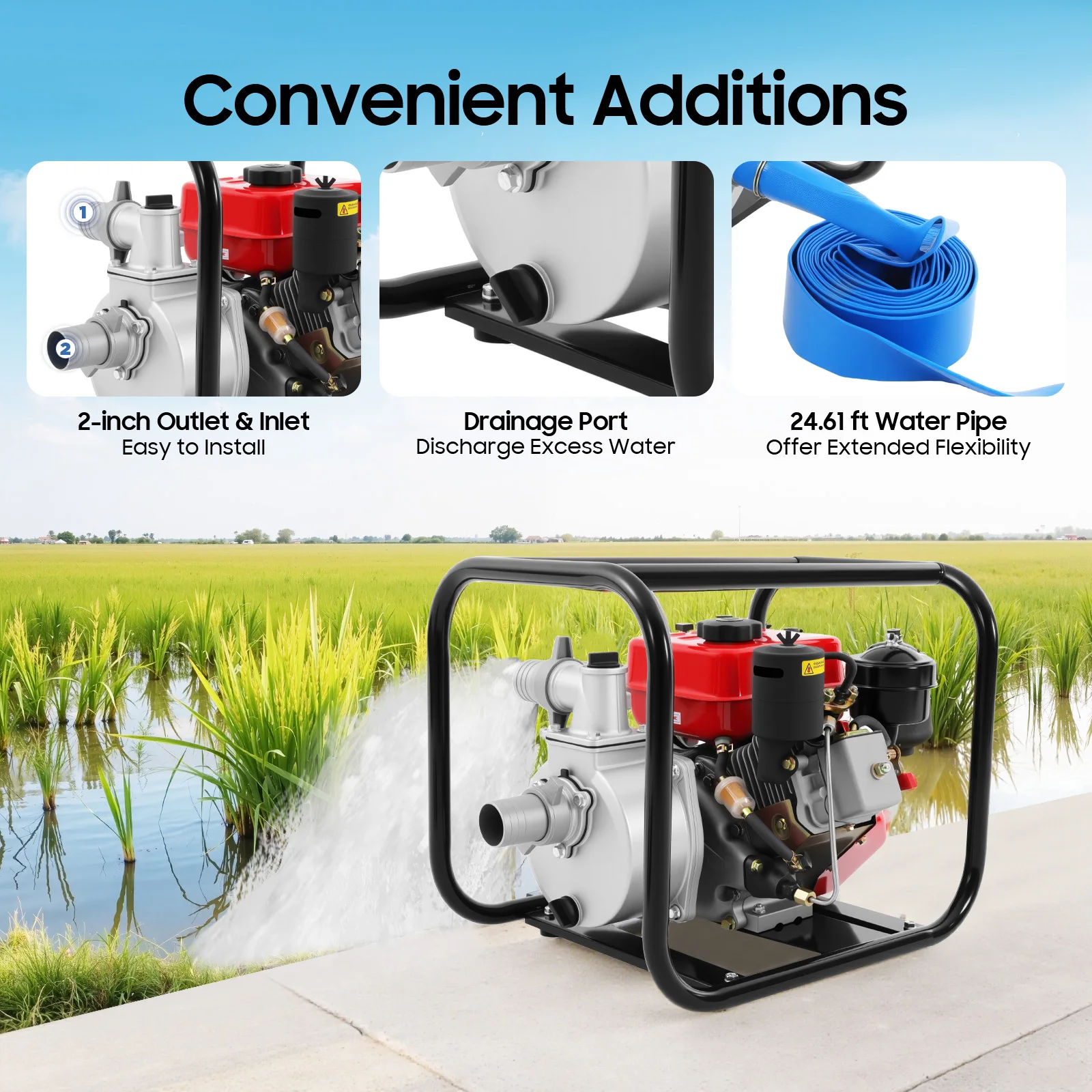 مضخة مياه محرك ديزل 7.5HP 210cc 110GPM ديزل - مضخة مياه مدفوعة مع أنابيب مياه 7.5 متر، لري المزرعة والمياه الميدانية