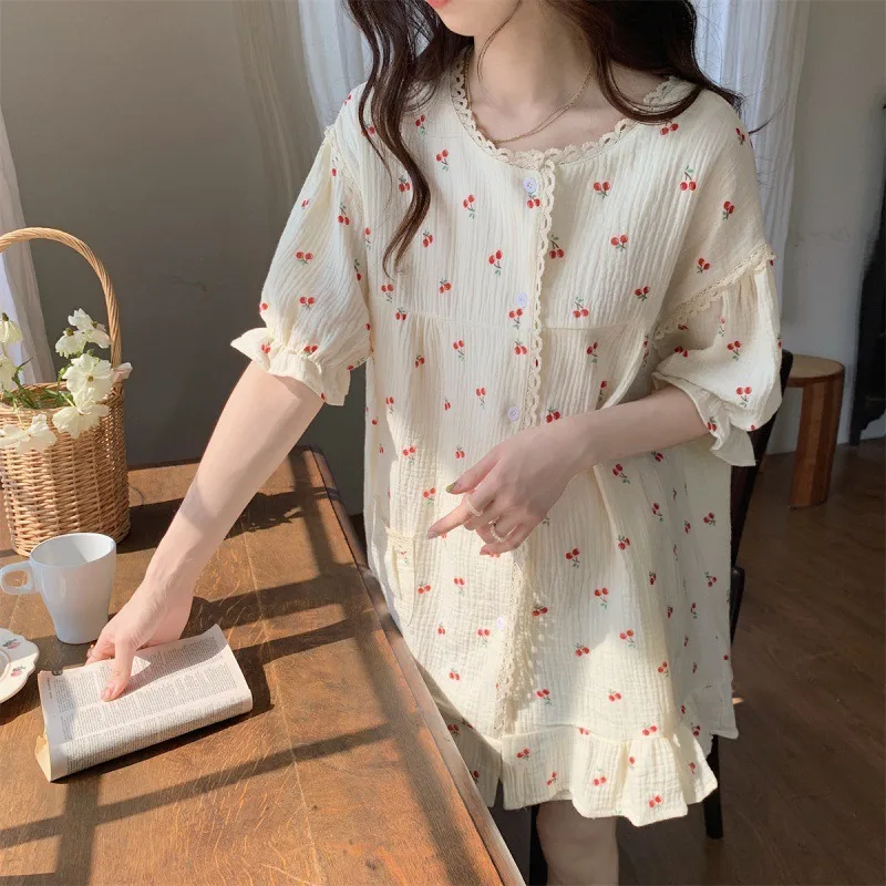 Femmes pyjamas ensemble été doux imprimé cerise adolescent à manches courtes vêtements de nuit étudiant vêtements de détente 2 pièces ensemble coréen japon vêtements de nuit