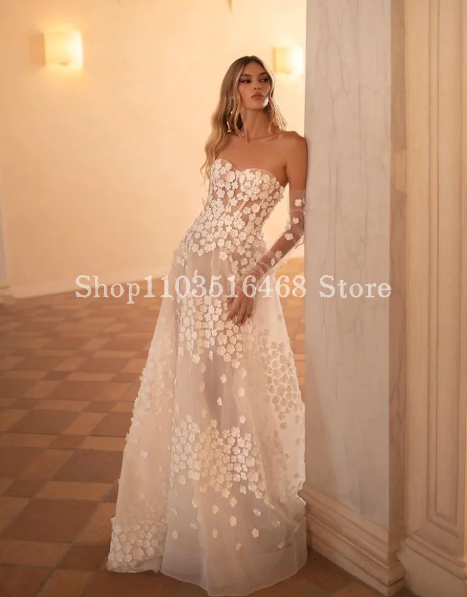 Elegant Sheath Wedding Dress 2024 Luxury White Applique Sheer Bohemian A-Line Custom Long Wedding Dress فساتين السهرة فخمه