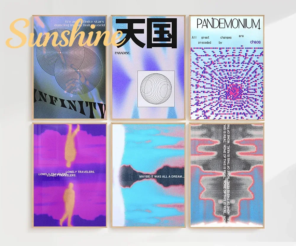 (No frame)Y2K Psychedelic Grunge Cyber Retrowave New Wave Contemporary Typographic Wall Art Trendy Home Room Decor Set Cool Q