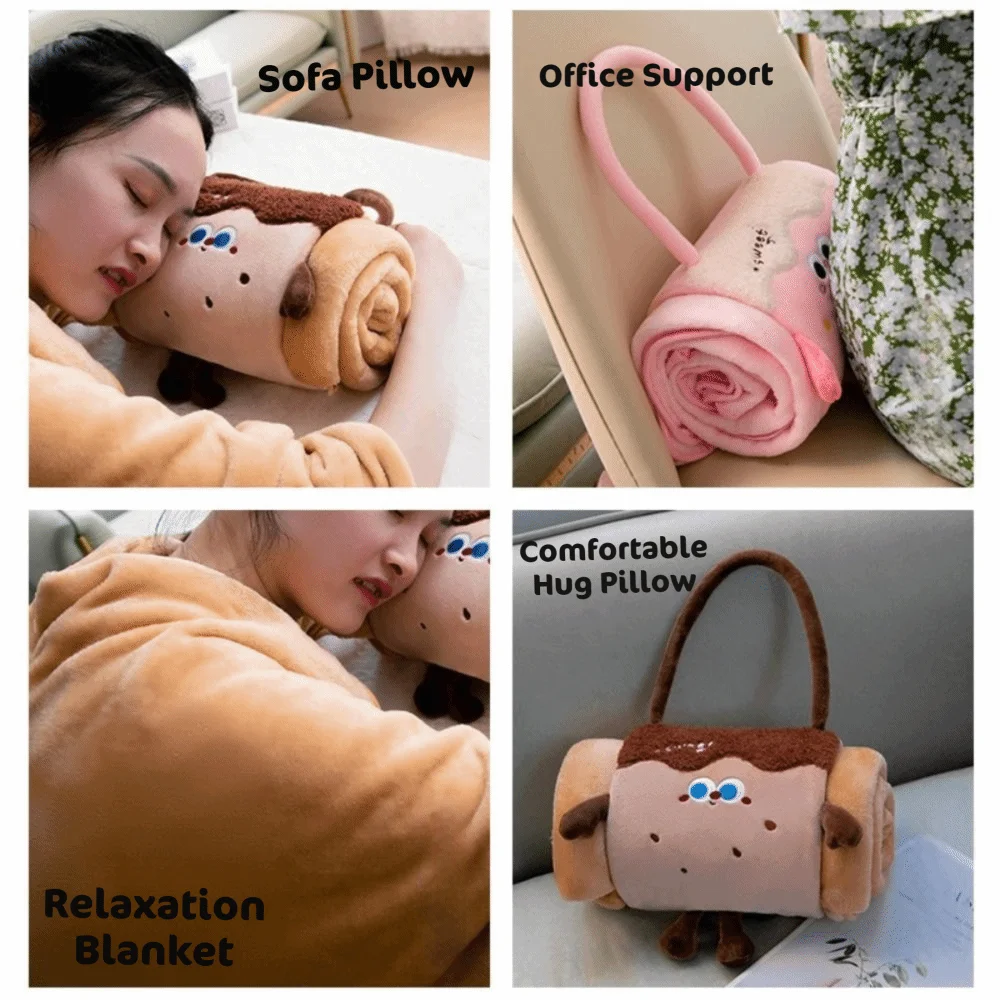 귀여운 2 in 1 접이식 롤 블랭킷 따뜻한 플러시 에어컨 블랭킷 만화 손잡이 베개 블랭킷 사무실용