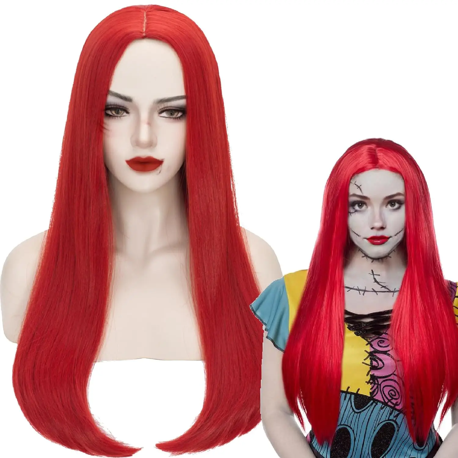 

Red Sally Wig for Adult Women Long Straight Red Wig Middle Parting Synthetic Hair Wigs Halloween Christmas Sally Party