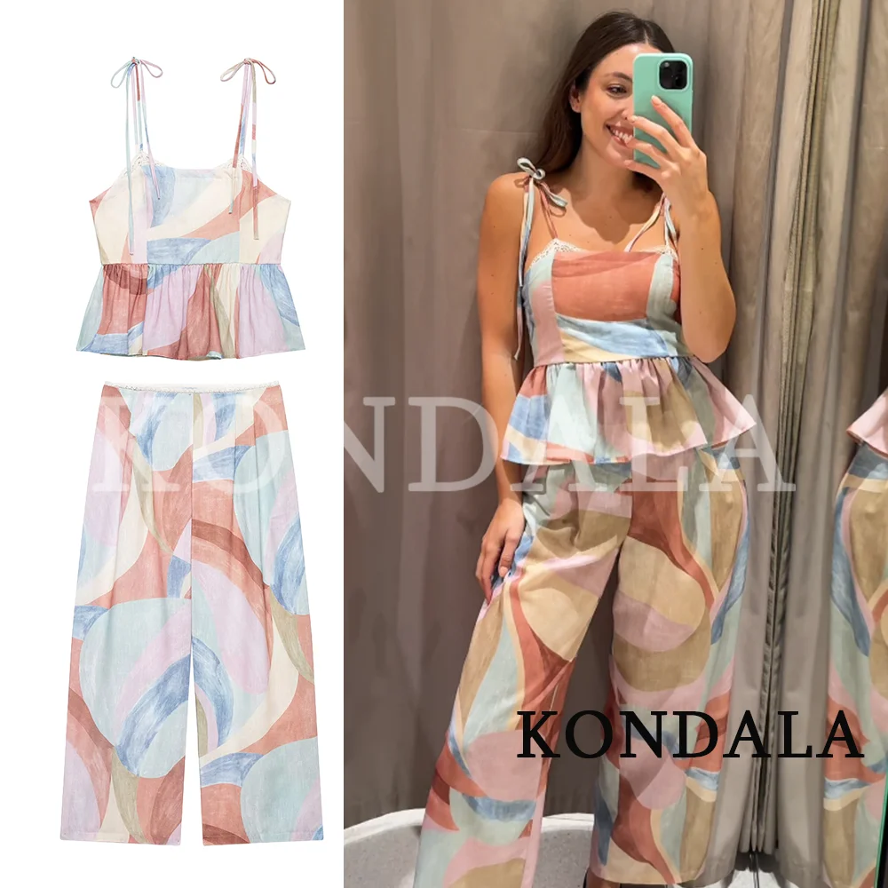

KONDALA Women Colored Print Pants Set Holiday Mujer Set New Fashion 2026 Spring Summer Sleeveless Slim Tops Zipper Pants Set