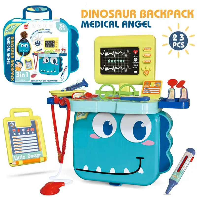 Dinossauro Mochila Medical Toy para Crianças, Doutor Finja Role Play Kit, Simulação Dentista Box, Meninas Educação, 3-em-1