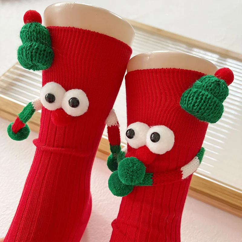 Classic Christmas-Themed Magnetic Socks Cute Cartoon Eye-Printed Hand-Holding Cotton Knee-High Socks Unisex Chic Christmas Gifts