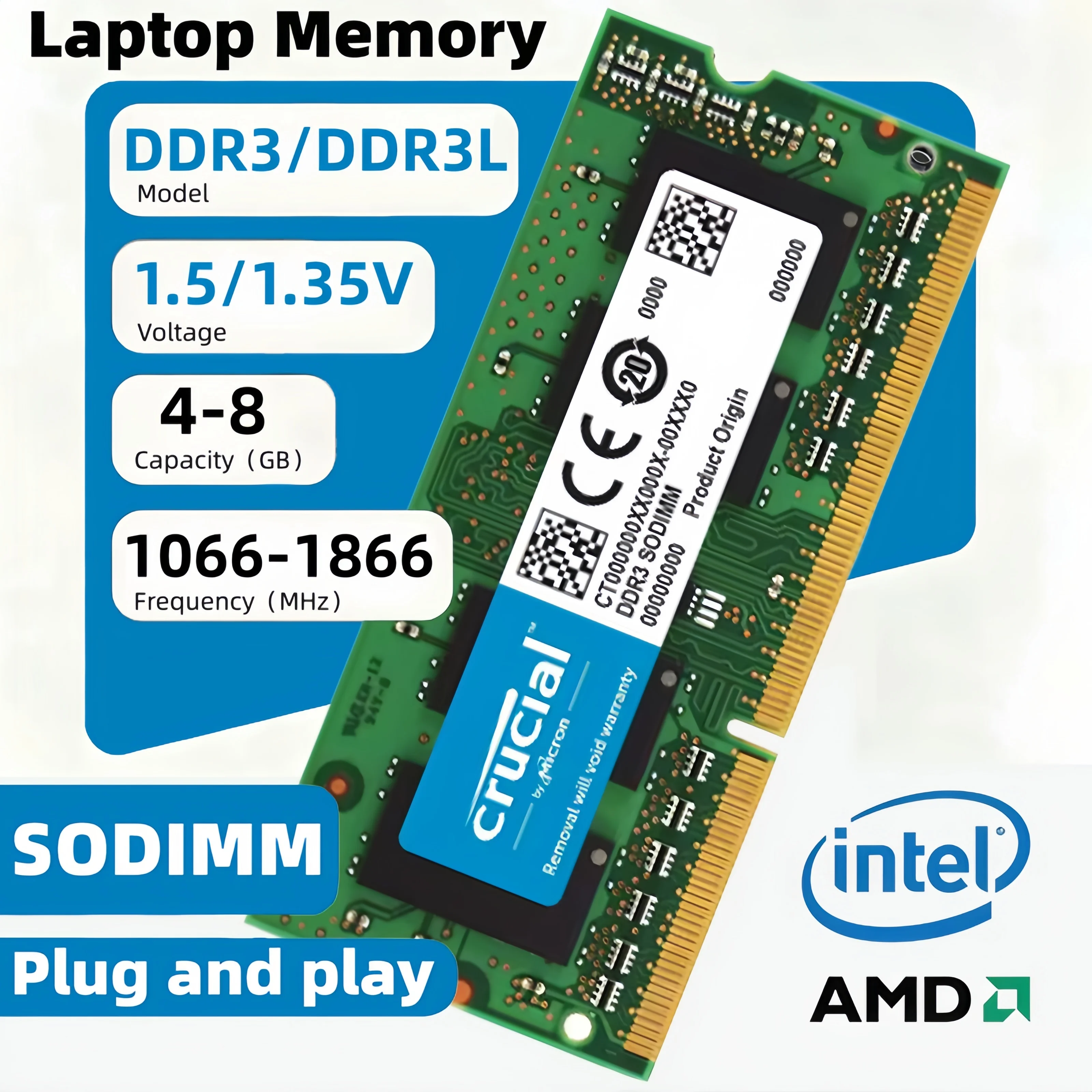 Memória Crucial DDR3/DDR3L para Laptop 4GB 8GB 1333MHz 1600MHz 1866MHz SODIMM RAM 1.35V/1.5V PC3-10600S 12800S 204 Pinos Totalmente Compatível com Laptops HP e Dell