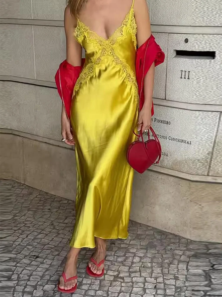 レディースドレス レース サテン スリップドレス 夏 2025 セクシー イブニングパーティードレス レディース ミディ丈 イエロー ノースリーブ バックレス ベスティドス