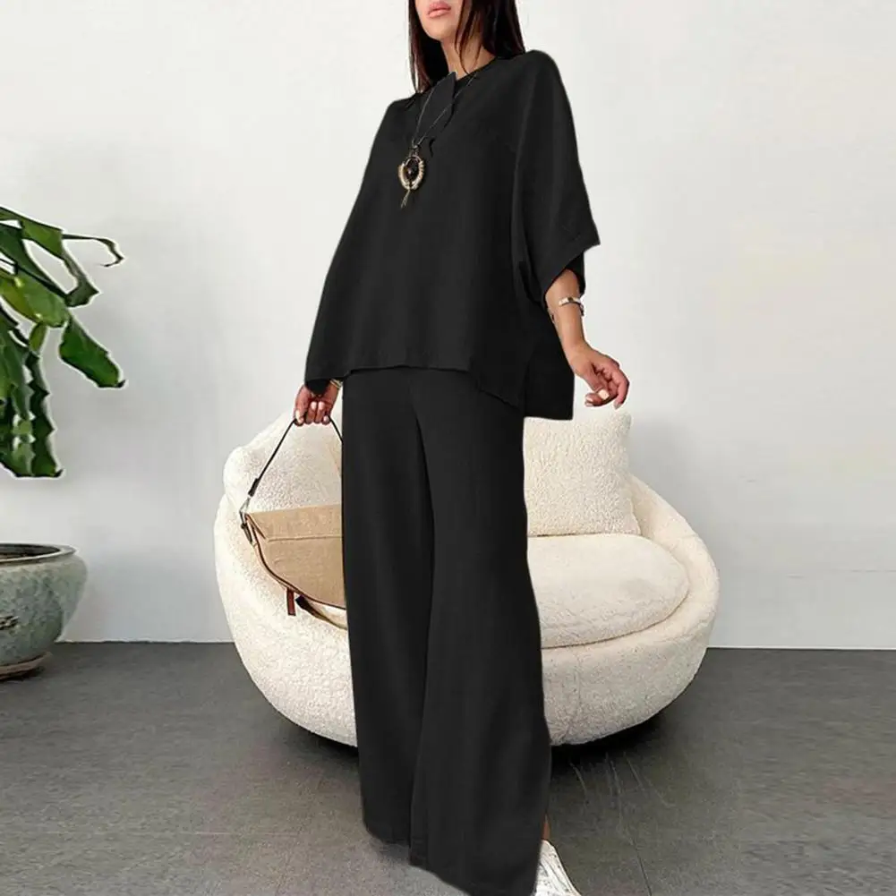 Women Outfit Vintage Wide Leg Trousers Set Soft Breathable Elastic Waist Lady T-shirt with Three Quarter Sleeves Split Hem