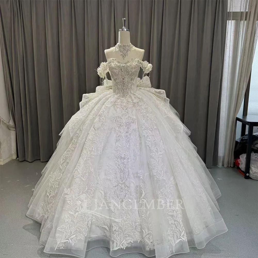Luxury Handmade Neck Wedding Dress With Train Lace Flower Bridal Dress Elegant The Shoulder Ball Gown Robe De Mariee Customized