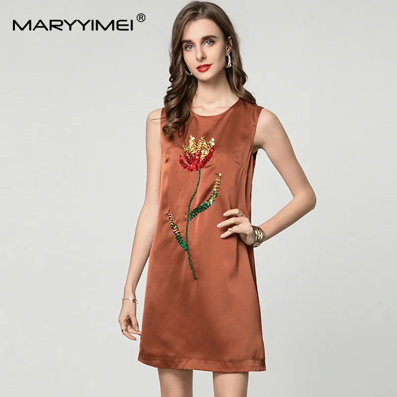 

MARYYIMEI Spring and summer New Women's Dress Sequins Beading Sleeveless Solid Color Loose Waist A Line Dresses