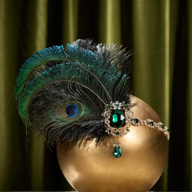 Unique Peacock Feather Headband 1920s Flapeer Girl Headpiece Rhinestone Tassel Vintage Gatsby 머리띠 резинки для волос 헤어밴드