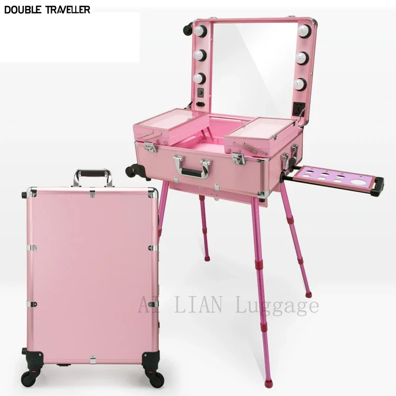 Valise à cosmétiques à roulettes avec poignées amovibles, boîte à outils de maquillage, boîte de beauté pliable, coiffeuse, sac professionnel,