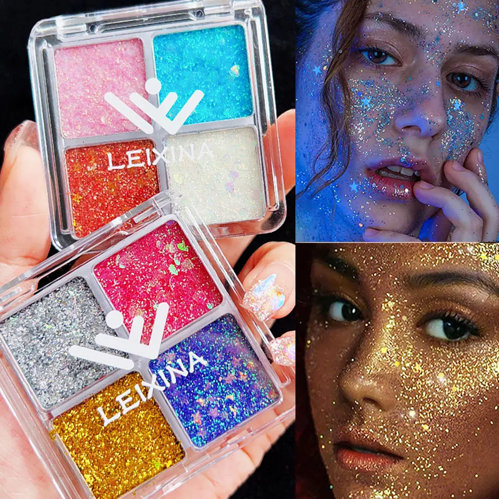4 in 1 Sparkly Eyeshadow Glitter Gel Cream Shimmer Gold Silver Star Heart Sequin Face Body Palette Eye Makeup for Festival Daily