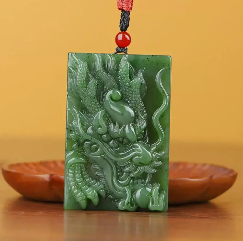 

Chinese Natural Green HeTian Jade jasper jadeite Hand-Carved Pendant Dragon