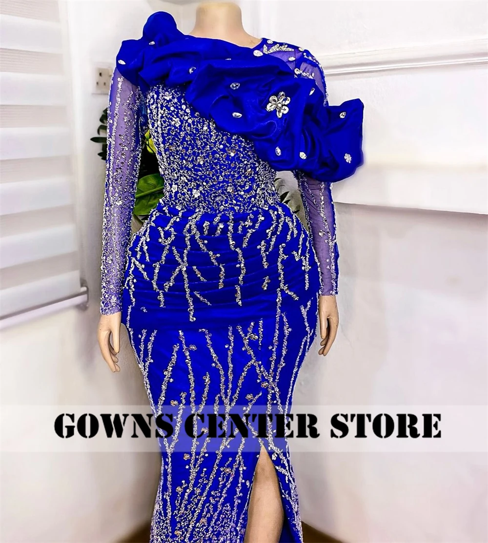 Royal Blue Ruffels Beaded Long Sleeve Aso Ebi Elegant Evening Dresses For Women Luxury Mermaid Dresses For Women Party Wedding