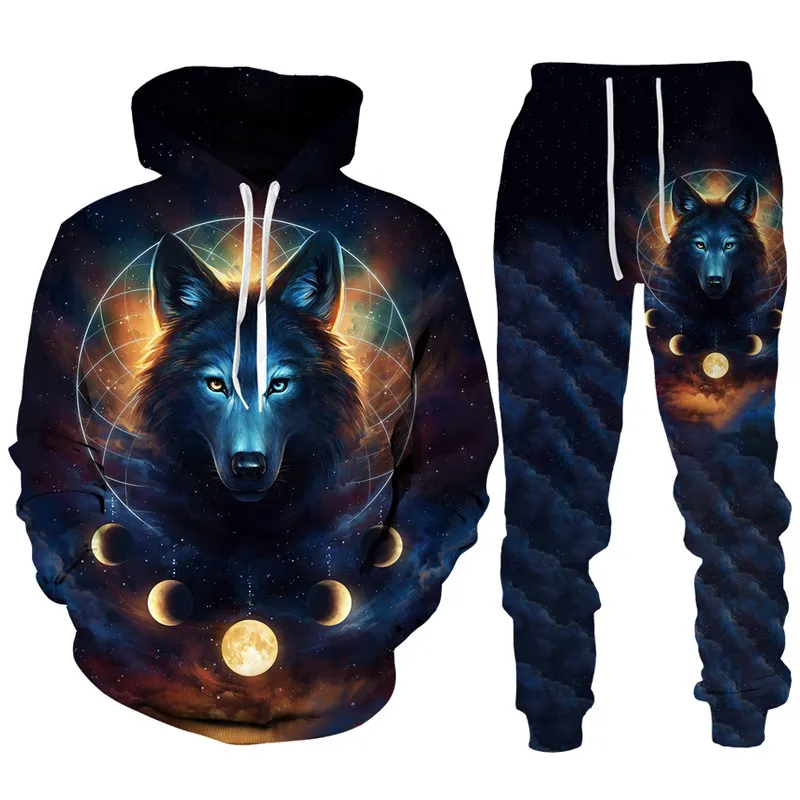 Homens e mulheres 3D Dazzle Wolf Print conjunto de treino, moletom com capuz e calças extragrandes, pulôver casual, streetwear Hip Hop, conjuntos