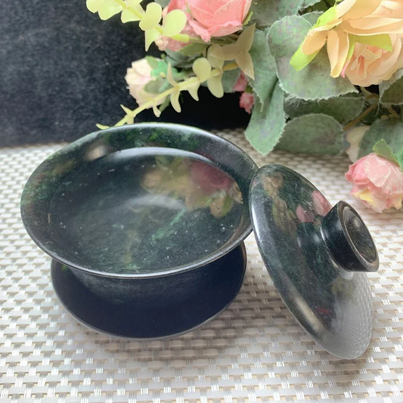 Natural Black Green Jade Gaiwan Gongfu Teaware Jadeite Tea Cup Jewelry Fine Jades Stone Hand Carved Cover Bowl Health Teacups