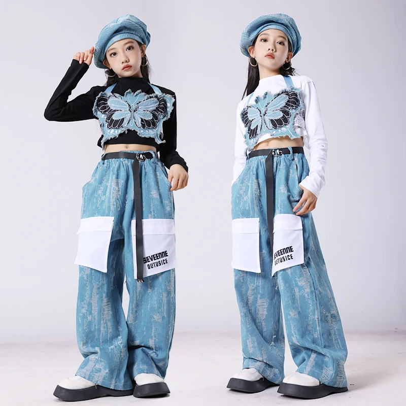 Hip Hop Girls Clothing Blue Butterfly Crop Tank Casual Ripped Jeans Pants Skirt for Kids Jazz Dance Costumes Streetwear Clothes