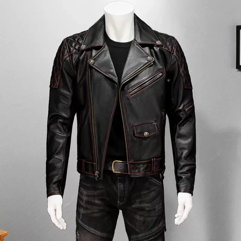 Black Autumn Leather Jacket Men Punk Style Plus Size 4XL Natural Cowhide Slim Fit Short Genuine Leather Coat