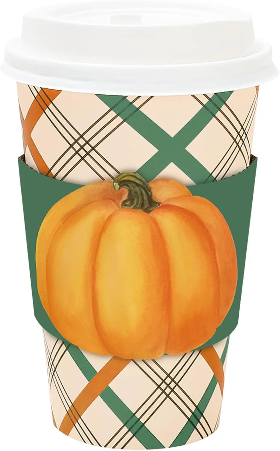 

48 Set Thanksgiving Disposable Coffee Cups with Lids Sleeves Green Orange Plaid Pumpkin Drinking Cup Watercolor Paper Cu