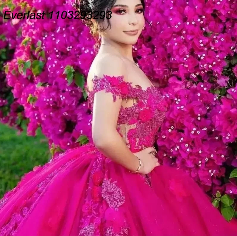 EVLAST Customized Fuchsia Quinceanera Dress Ball Gown Floral Applique Beaded Crystal Mexico Sweet 16 Vestido 15 De Años TQD252