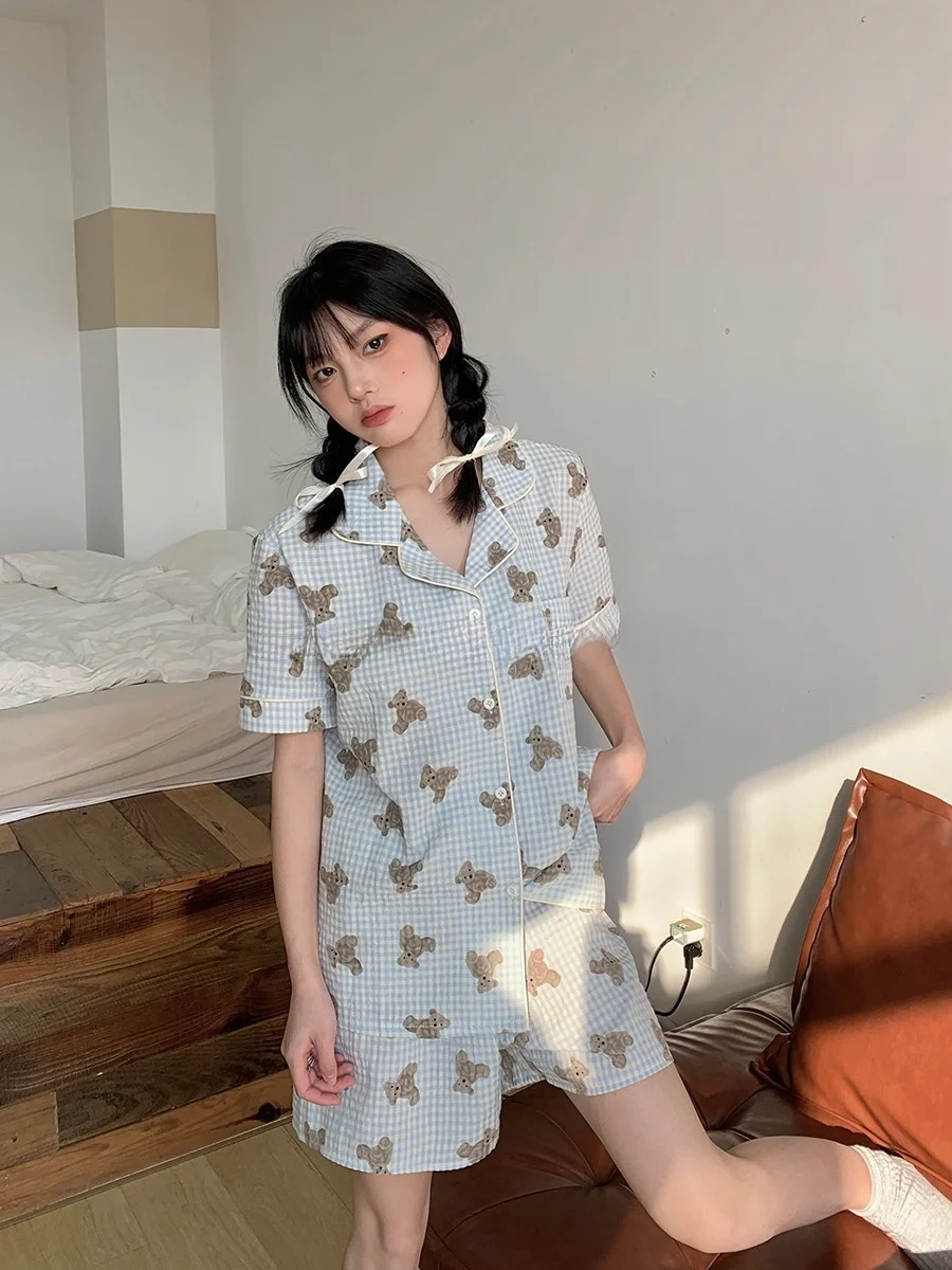 

Милый хлопковый пижамный комплект в клетку с мишками для женщин, летний новый домашний костюм с коротким рукавом, милый комплект из двух предметов с V-образным вырезом