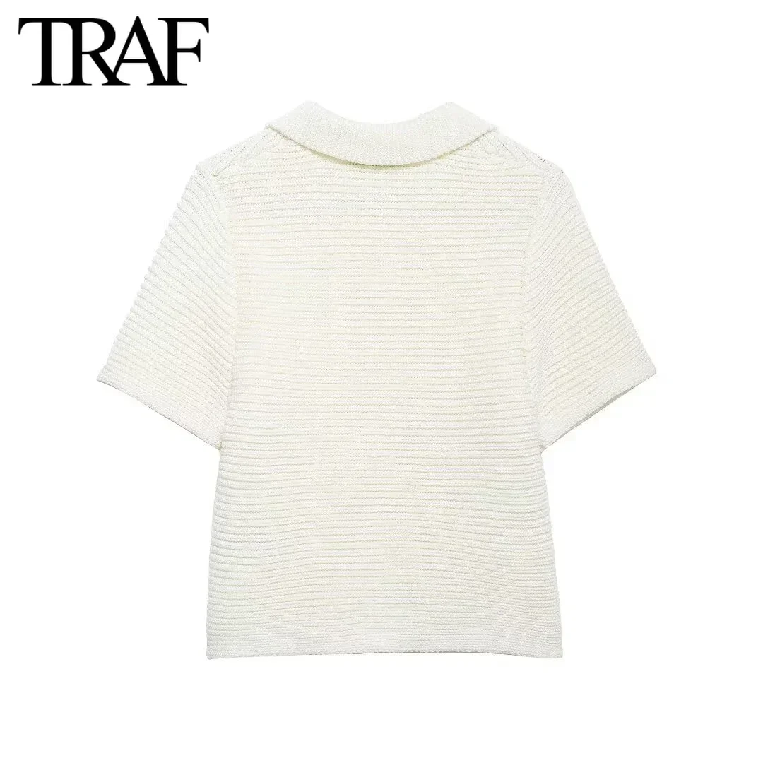 TRAF Women Fashion New 2024 Short Sleeve Single-breasted Lapel Knitted Jacket Sweater Cardigan Chic Female Knit Coat Mujer