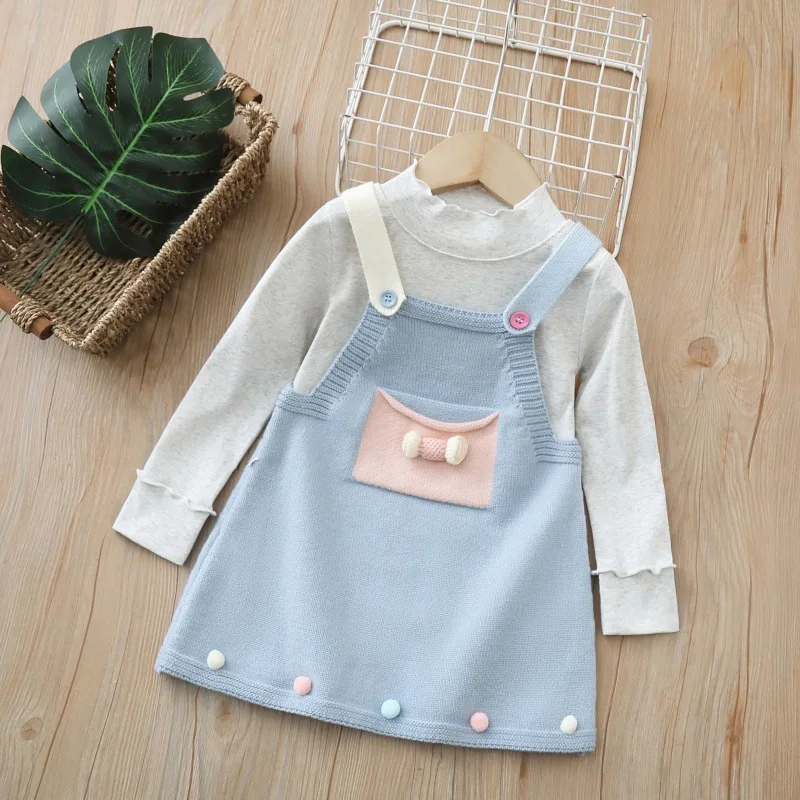 Spring Girls 2-Piece Set – Knit Pom-Pom Cami Dress & White Long Sleeve T-Shirt, Sweet Toddler Outfit for Kids